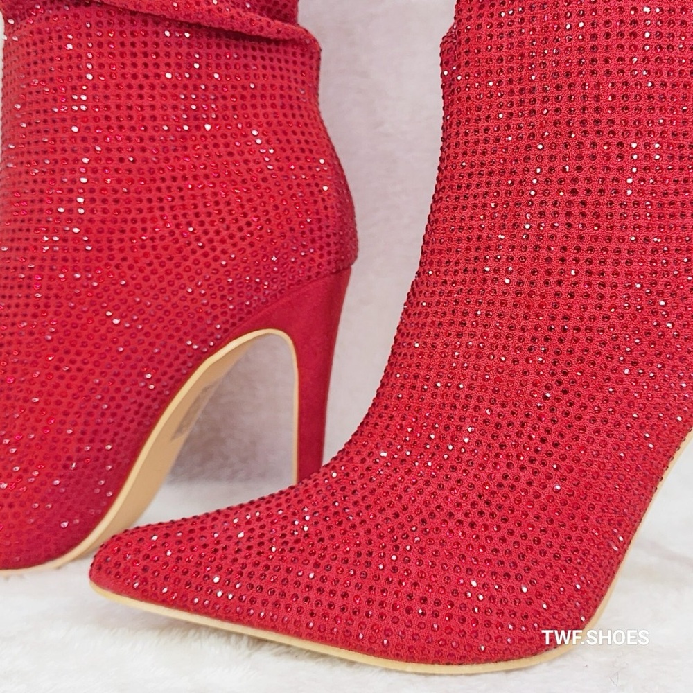 Red Rhinestone Thigh High Heeled Boots - Picture 3 of 5